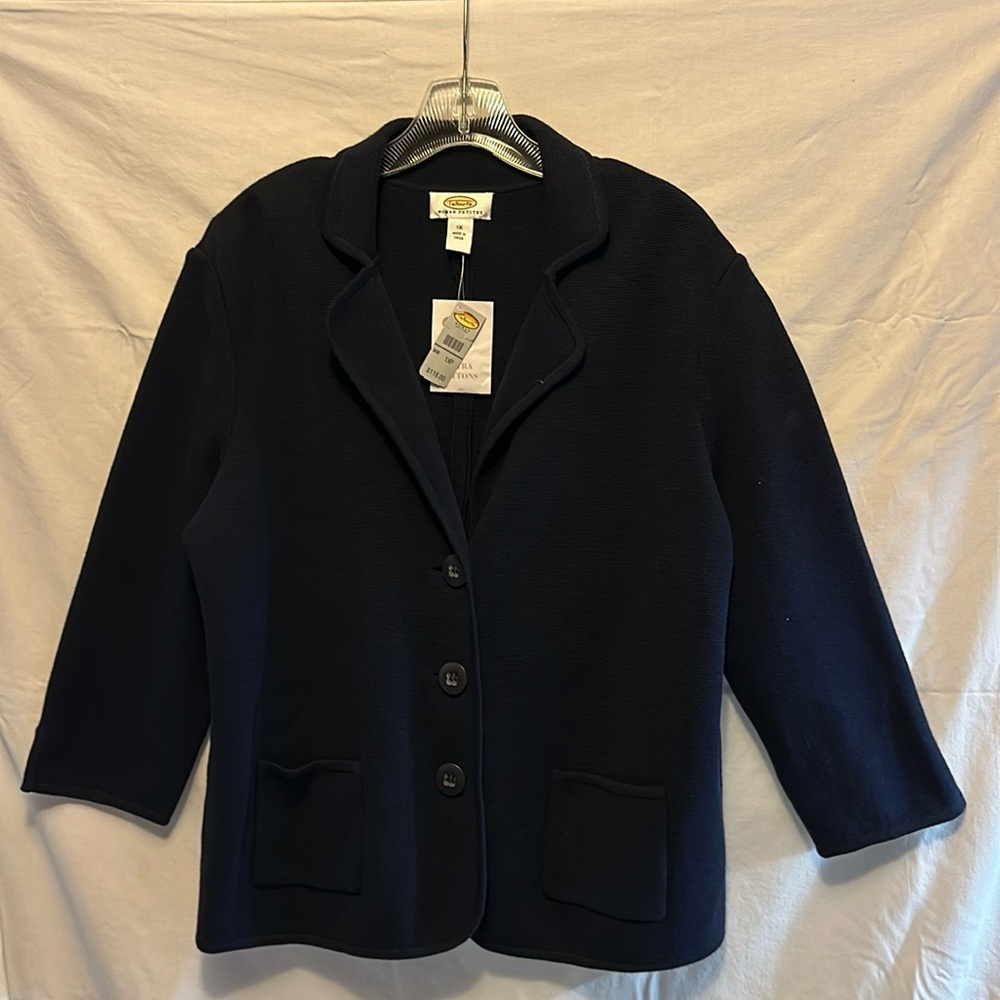 Talbots cardigan jacket, maybe blue three buttons